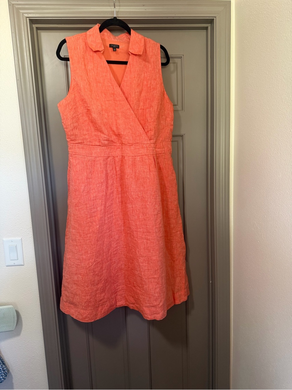 Talbots LINEN Coral Sleeveless Collared Wrap-Style Midi Dress SIZE 16P